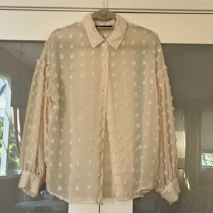 Zara Sheer Cream Blouse with Cotton Textured Pompom Polka Dots.